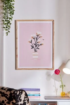 Buy ❤️ Charly Clements Bumble Bee Flowers Pink Art Print Natural Wood Frame 🔔