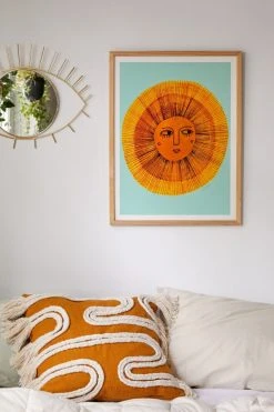 Brand new ❤️ Sewzinski Sun Drawing Gold And Blue Art Print Natural Wood Frame ❤️