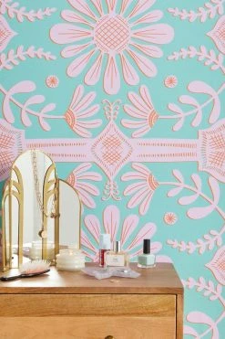 Deals 🥰 Sewzinski Boho Florals Pink Green Removable Wallpaper Rose 👏