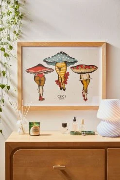 Best Sale 🌟 CeciTattoos 👗 Dressed Up Mushroom Babes Art Print Natural Wood Frame ❤️