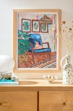 Coupon 🤩 Lara Lee Meintjes Ginger Cat In Peacock Chair With Indoor Jungle Of House Plants Interior Painting Art Print Natural Wood Frame 🥰