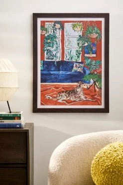 Wholesale ๐ Lara Lee Meintjes Red Interior With Borzoi ๐ฆฎ Dog And House Plants Art Print Walnut Wood Frame ๐