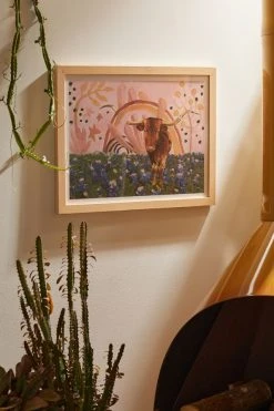 Flash Sale 🥰 El Baker Rainbow Over Texas Longhorns And Bluebonnets Art Print Natural Wood Frame 🛒